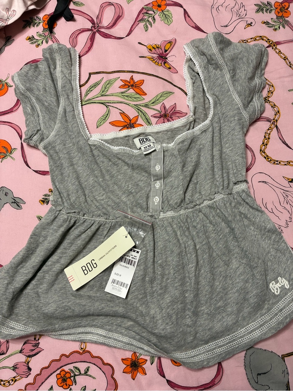 BDG Heather Gray Short-Sleeve Henley Chemise Top